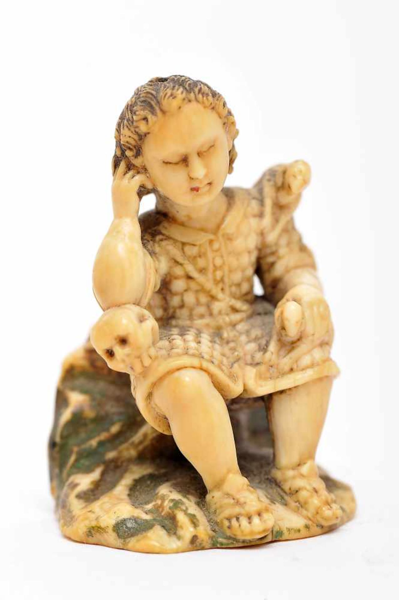 Child Jesus, The Good Shepherd sitting, partly painted ivory sculpture, Indo-Portuguese, 17th C.,