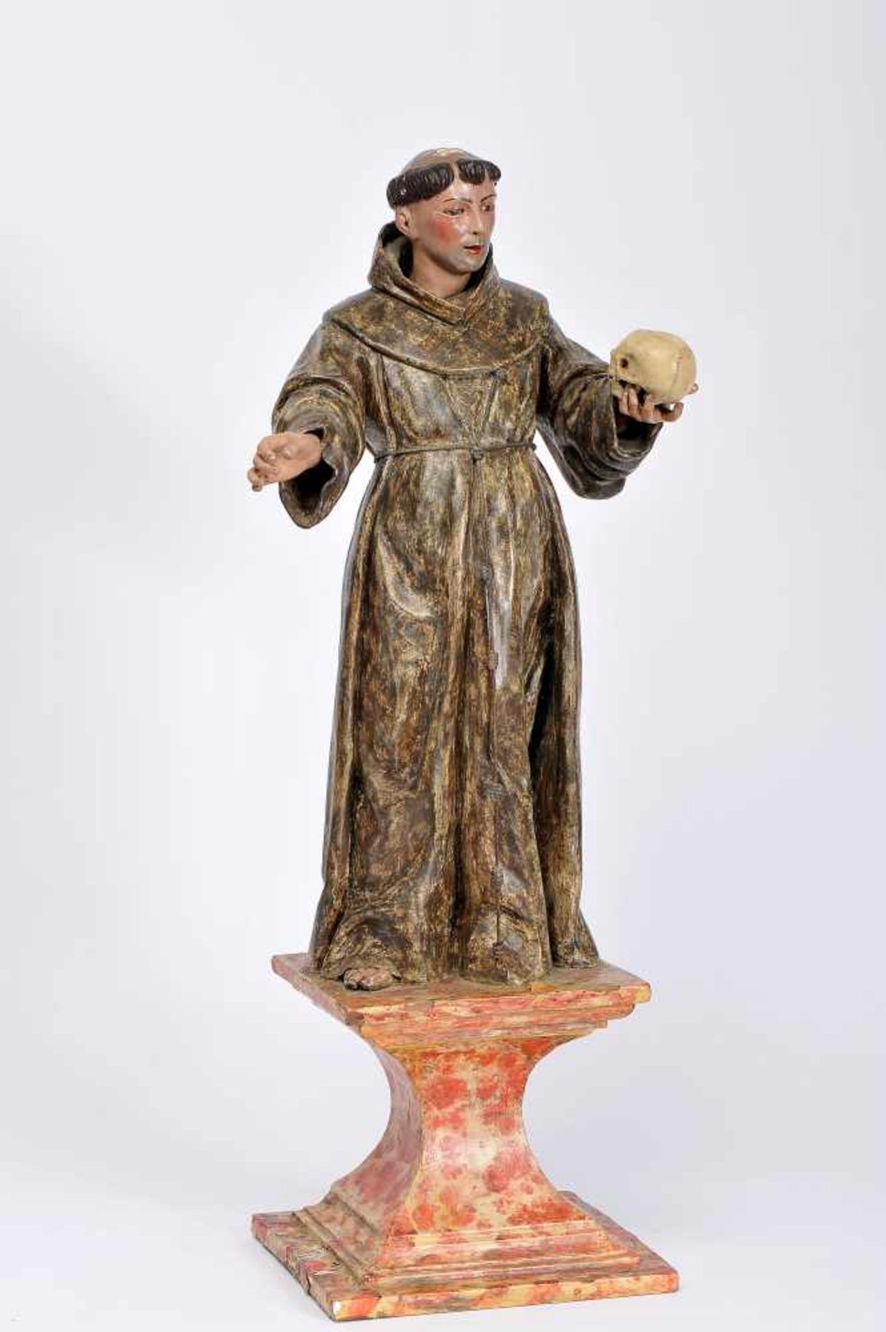 Saint Francis of Assisi, polychrome wooden carving, Spanish School of Granada, 17th C., ink fault on