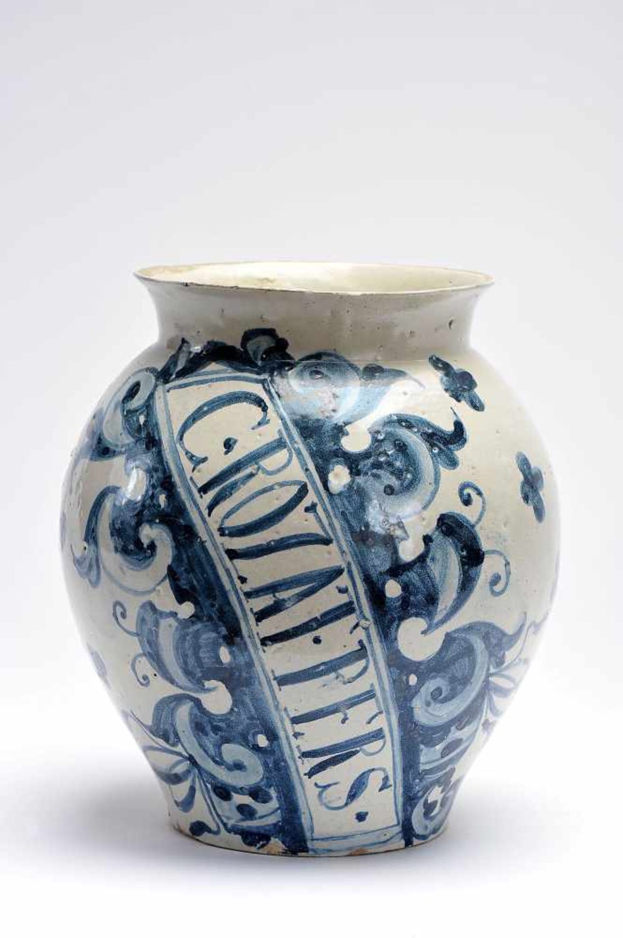 A Pharmacy Pot, faience, blue «Baroque Cartouche» decoration with C.ROZAT.PERS inscription,