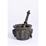 A Mortar with Pestle, Renaissance, bronze, ribbed decoration en relief and spikes "grotesque