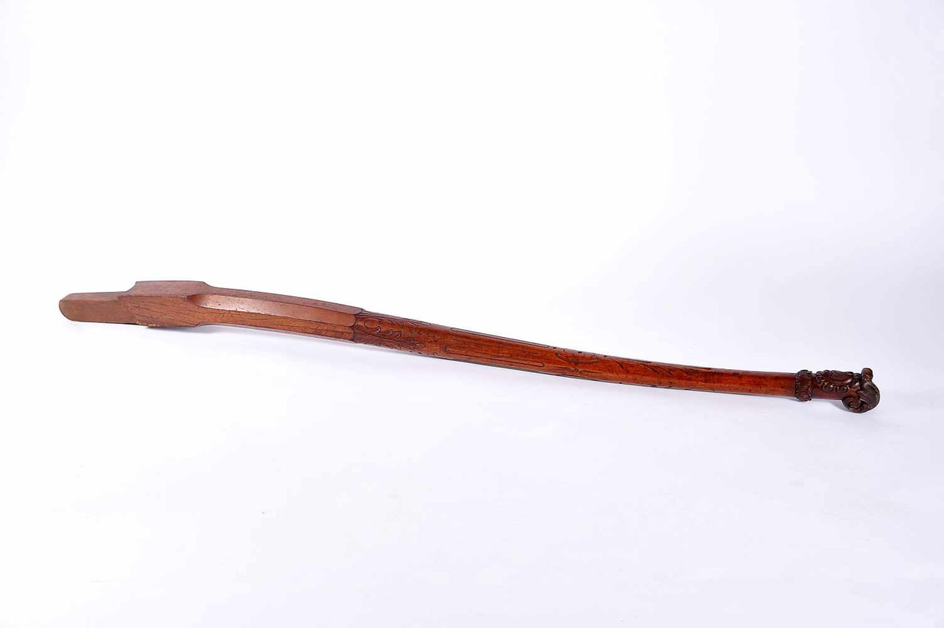 A Rudder Cane, carved mahogany with initials AR - Amelia Regina, Portuguese, 19th C. (4th