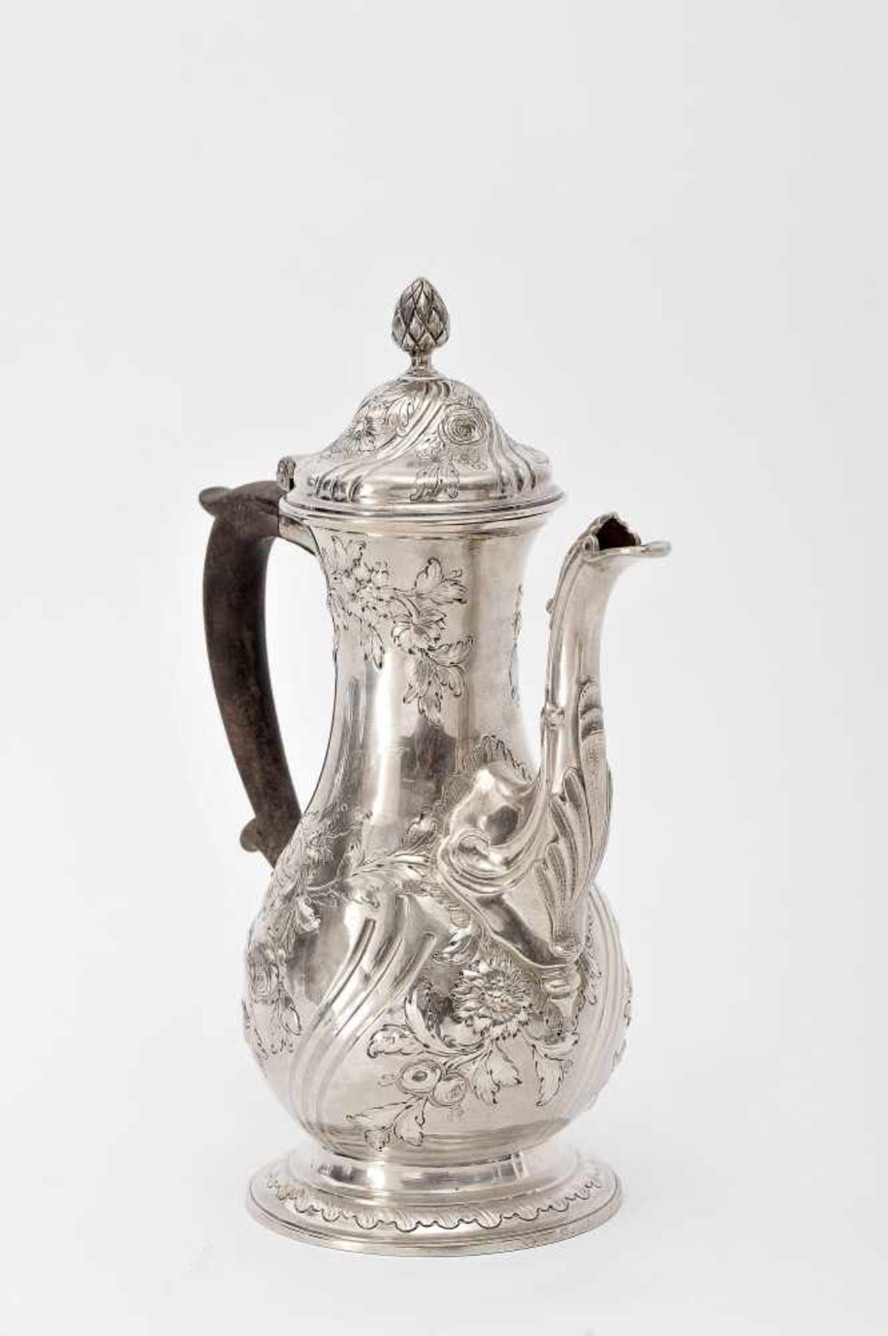 A Coffee Pot, 925/1000 silver, repoussé and chiselled decoration "Vegetalist motifs", carved wood