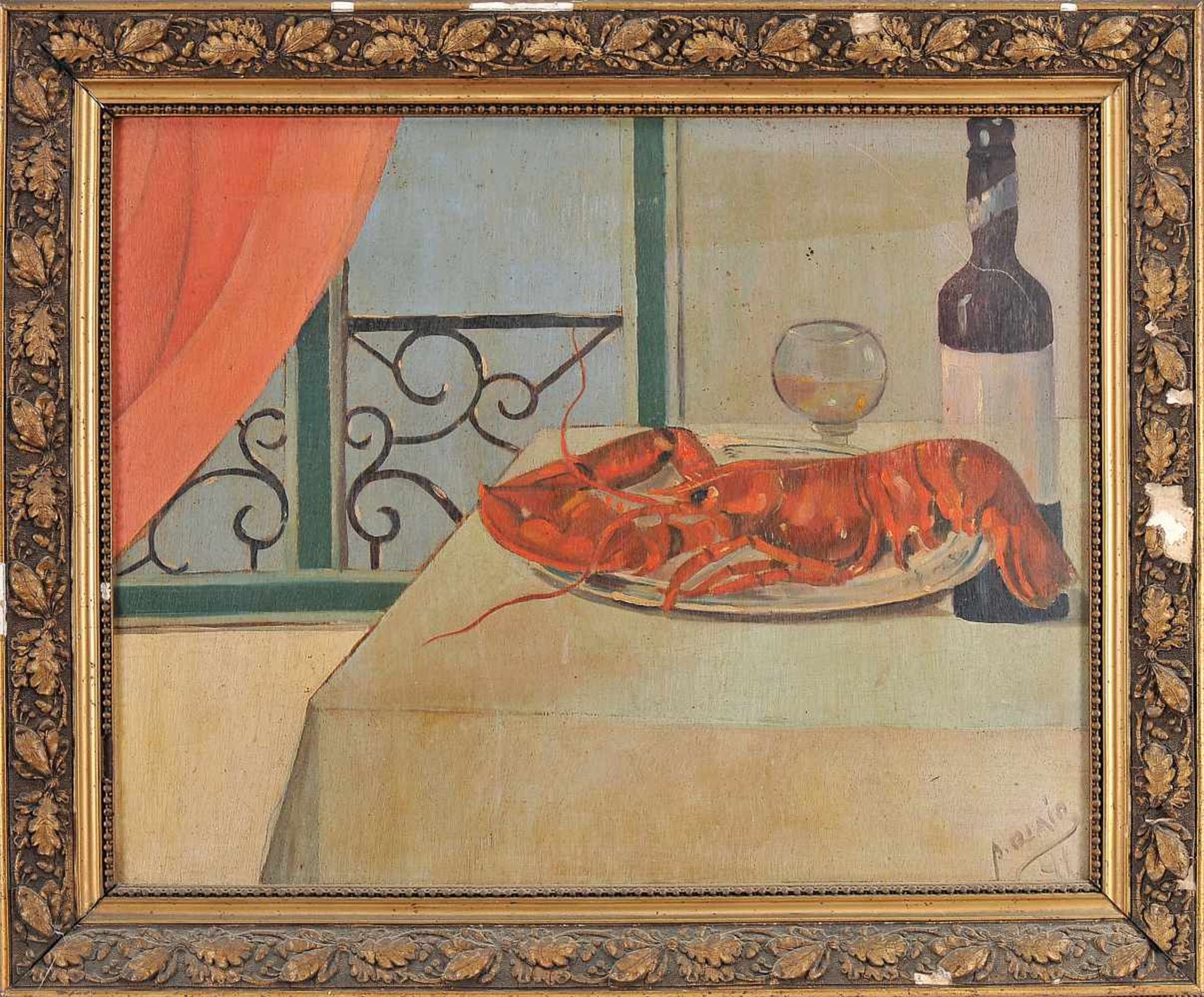 PEDRO OLAIO - 1903-1997, Still-Lives - Lobsters, fruits and mugs, three oils on plywood, minor