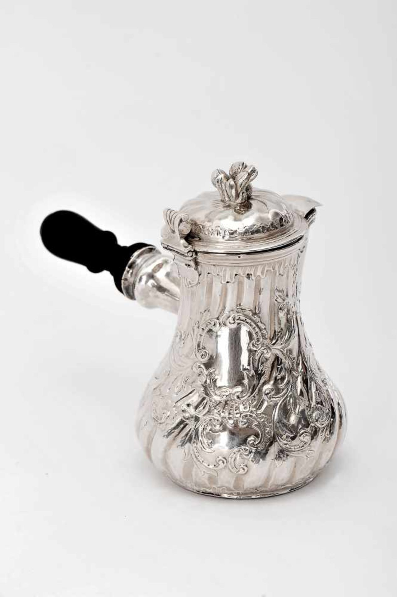 A Chocolate Pot, silver, coiled decoration en relief, French, 19th C. (1st quarter), signs of use,
