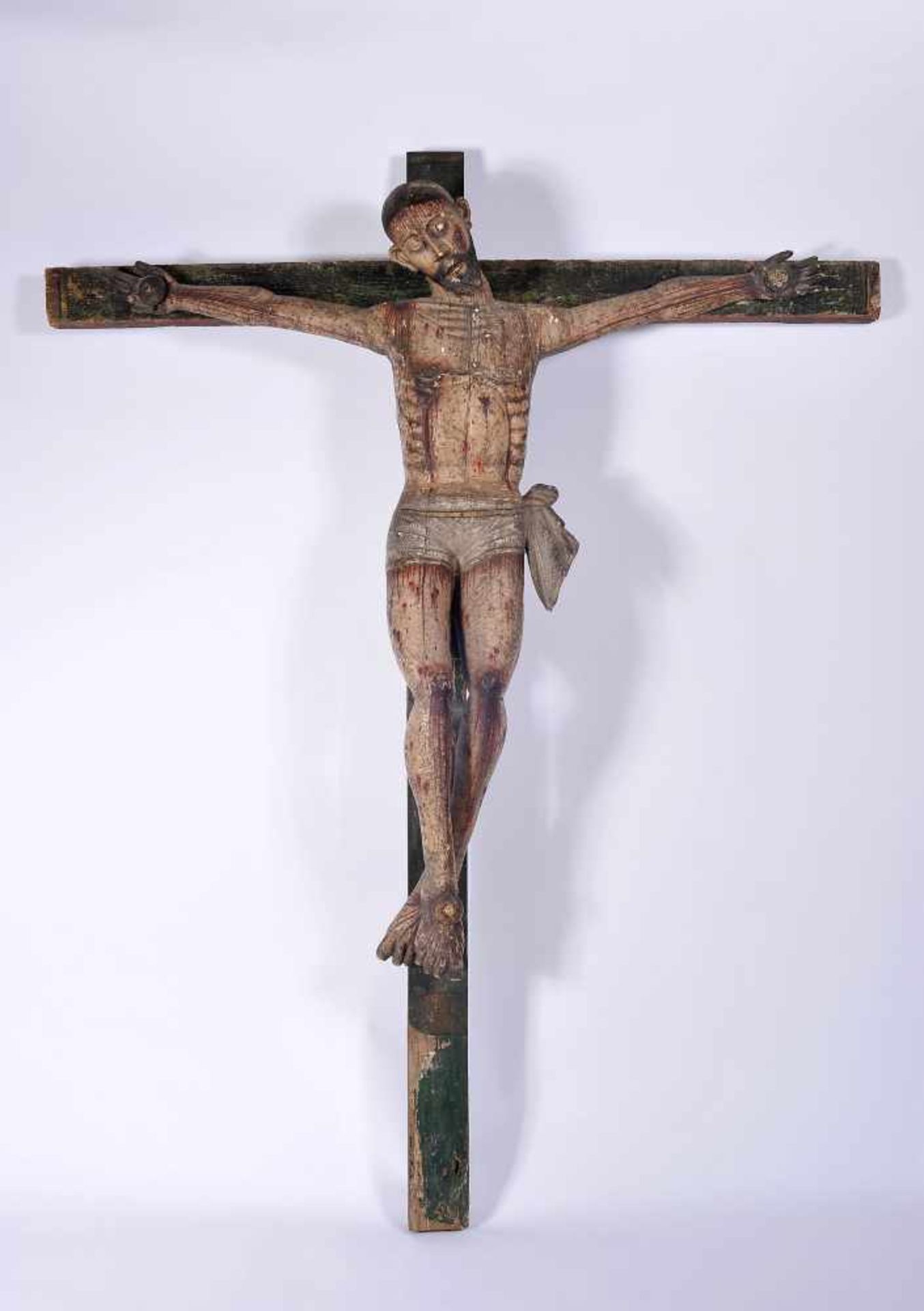 Crucified Christ, polychrome wood sculpture, Portuguese, 15th C., one finger missing, faults on