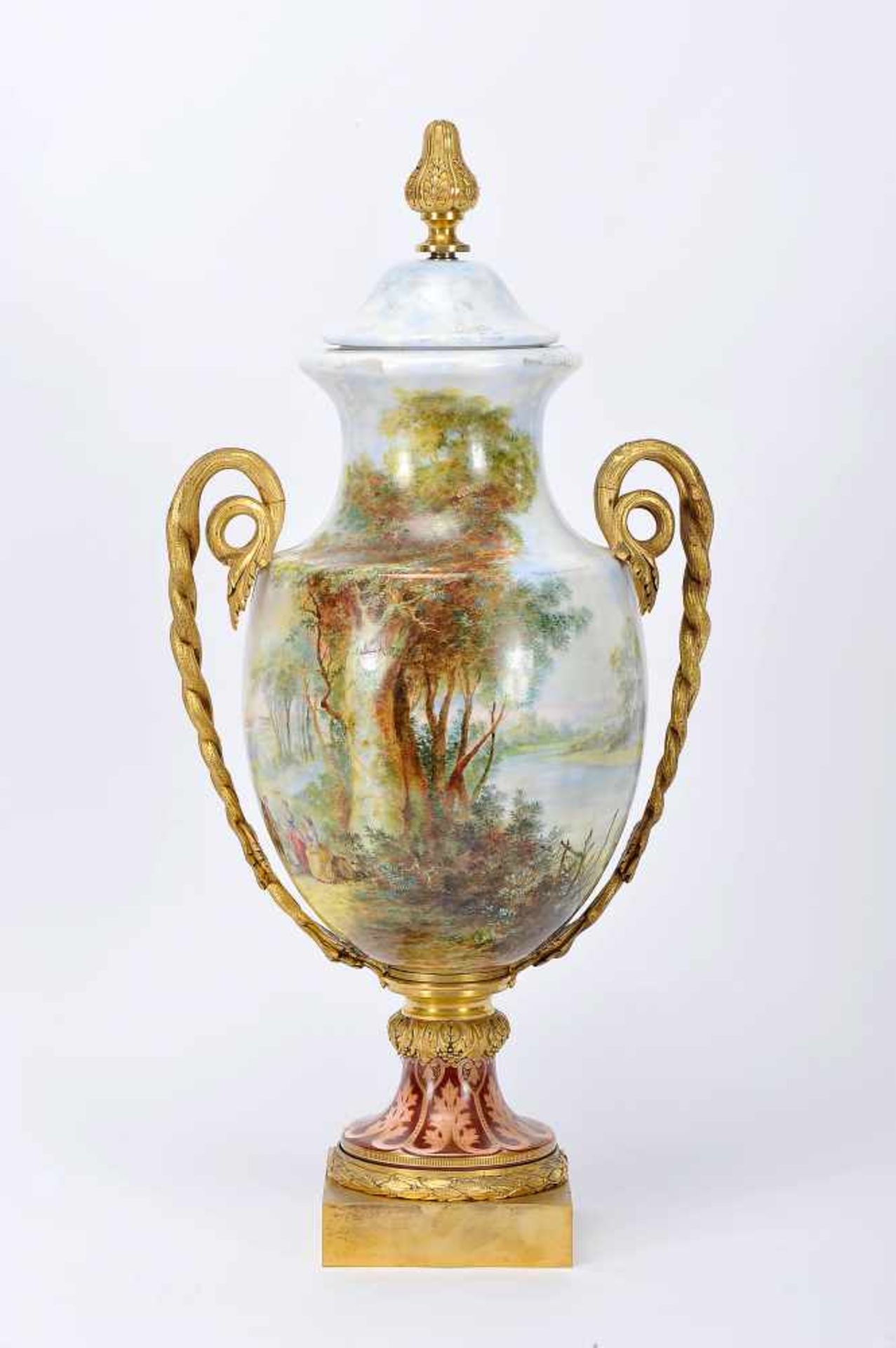 An Urn, painted milk glass, polychrome decoration "Landscape with grove", gilt bronze applications