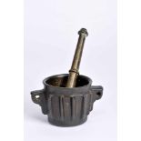 A Mortar with Pestle, gothic, bronze, ribbed decoration en relief, two spikes with holes for