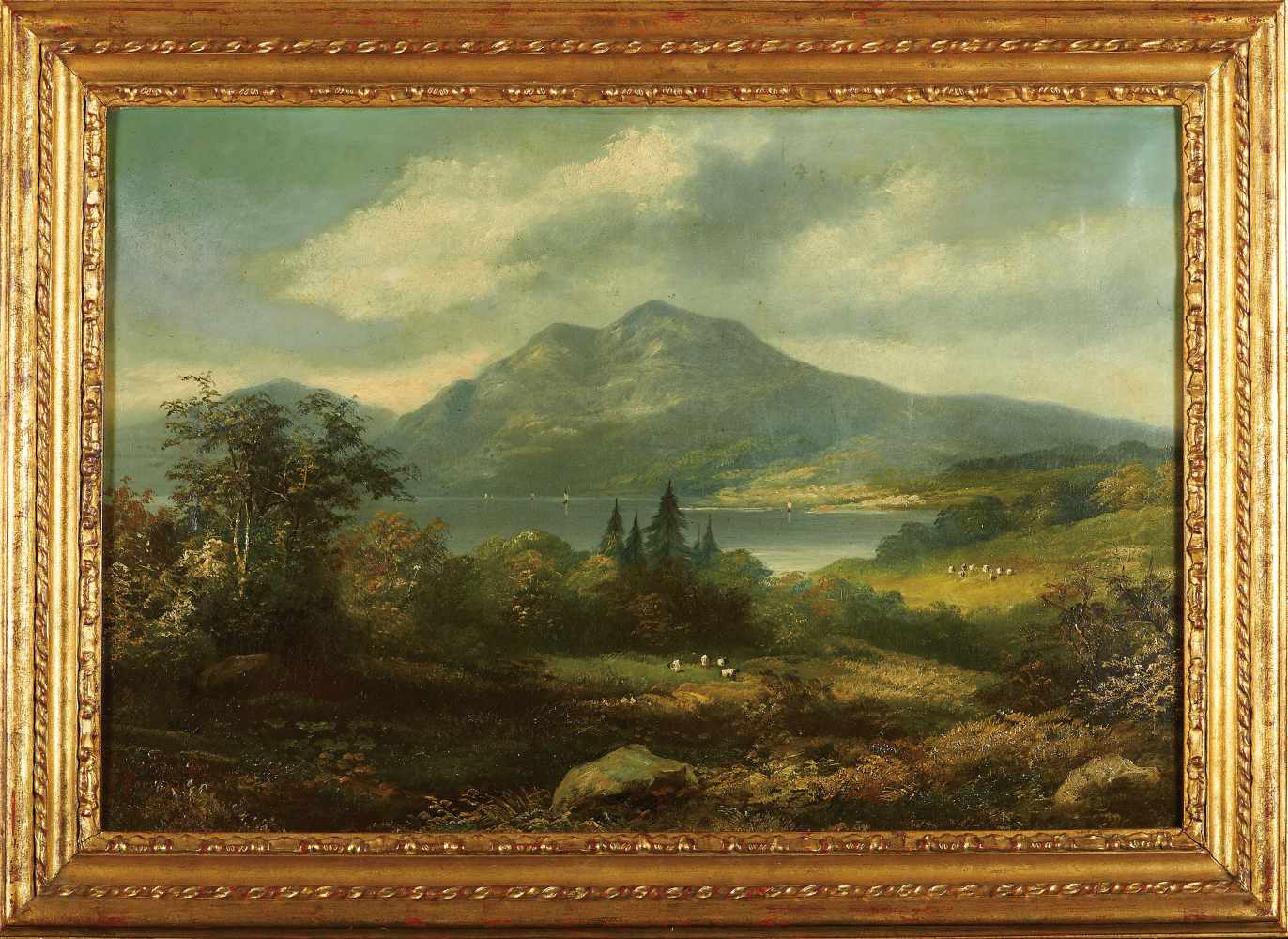 A Landscape - Lake between mountains and cattle, oil on canvas, European school, 19th C. (2nd half),