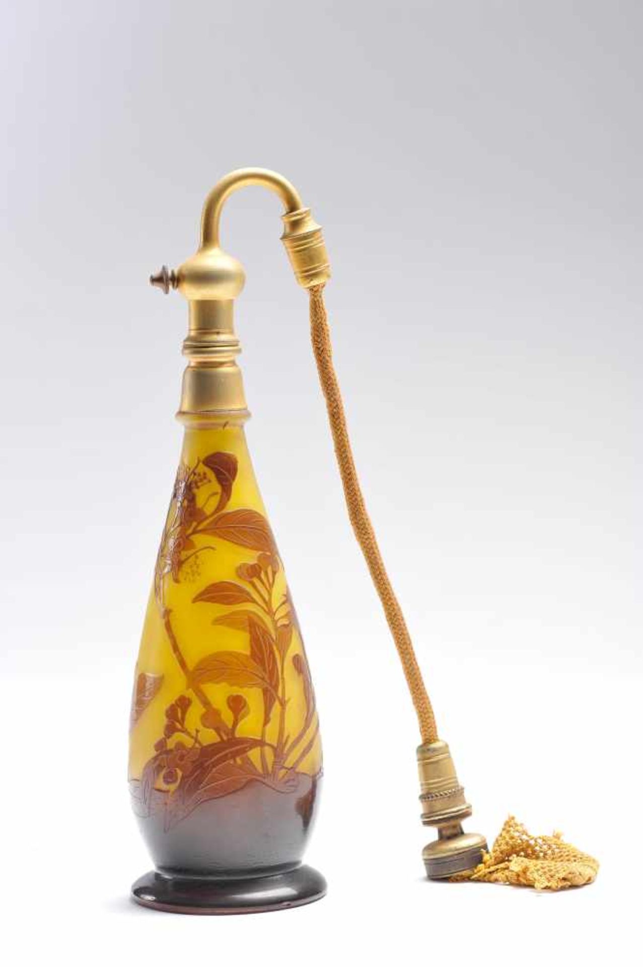 ÉMILE GALLÉ - 1846-1904, A Perfume Flask, Art Nouveau, yellow glass paste, brown decoration en