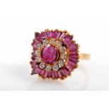 A Ring, 750/1000 gold, set with rubies and 12 brilliant cut diamonds with the approximate weight