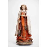 Our Lady of Mount Carmel, polychrome wood sculpture, silk robes with gilt metallic thread bands,