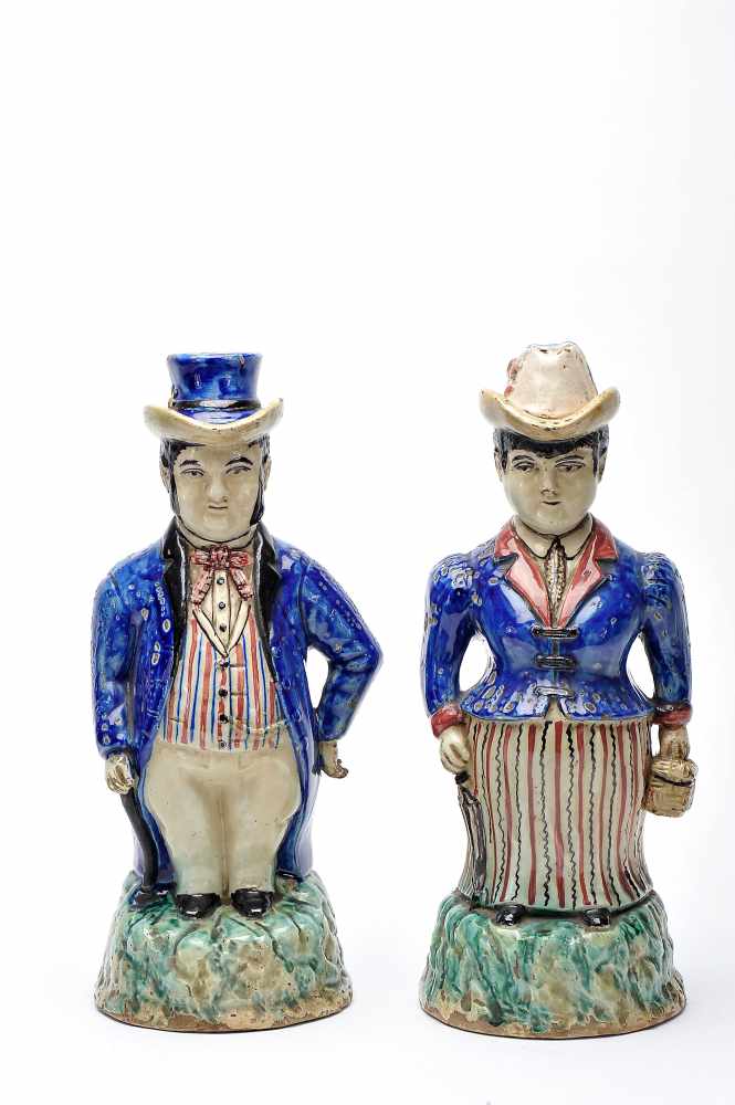 A Pair of Covered Vases "Gentleman" and a "Lady", faience, polychrome decoration, Portuguese, 19th