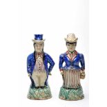 A Pair of Covered Vases "Gentleman" and a "Lady", faience, polychrome decoration, Portuguese, 19th