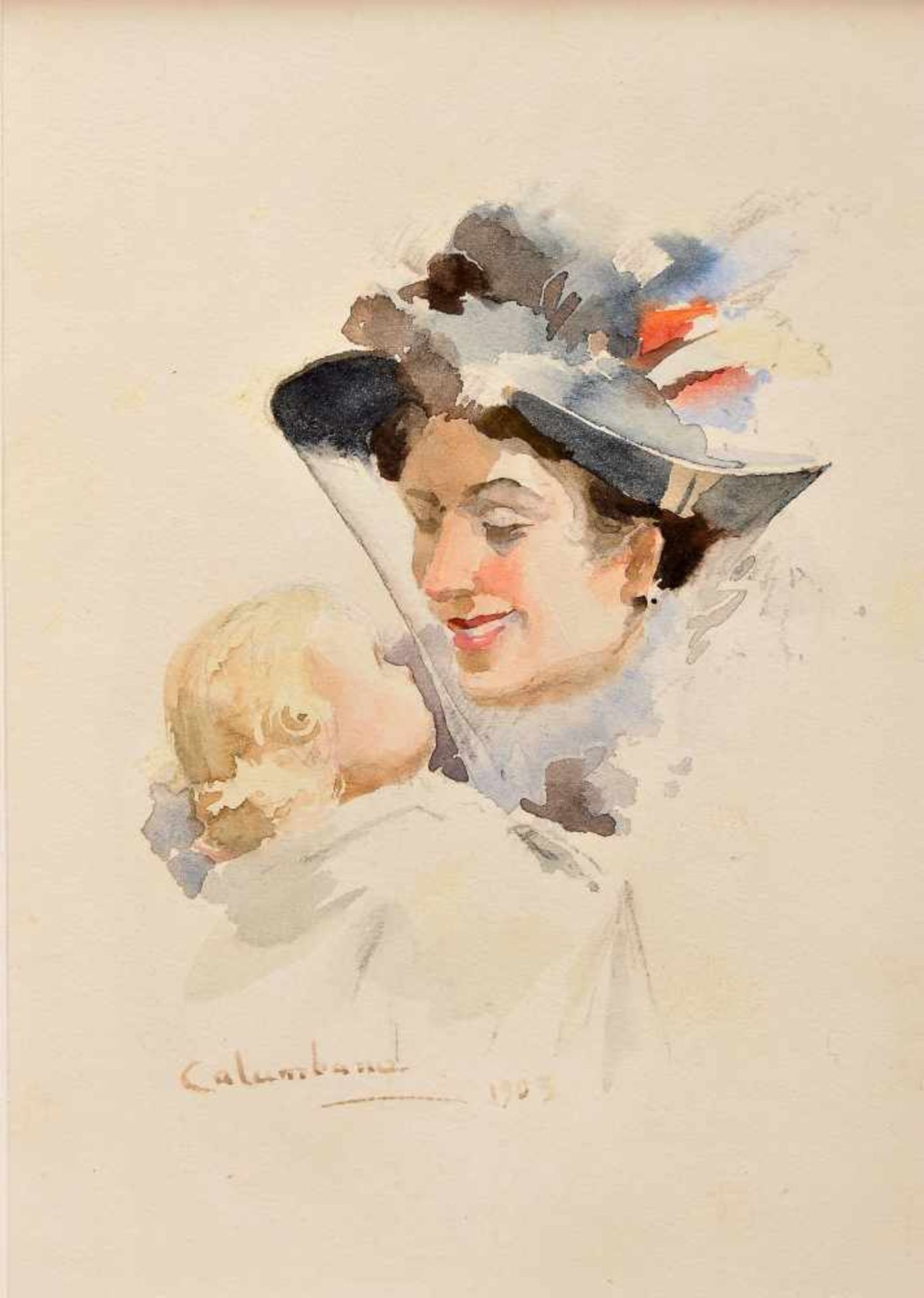 COLUMBANO BORDALO PINHEIRO - 1857-1929, A Lady holding a Baby, watercolour on paper, signed and - Bild 2 aus 3