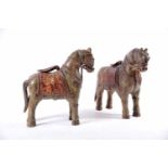 Caparisoned Horses, a pair of polychrome wood sculpture, Chinese, 19th C., wear on polychrome,