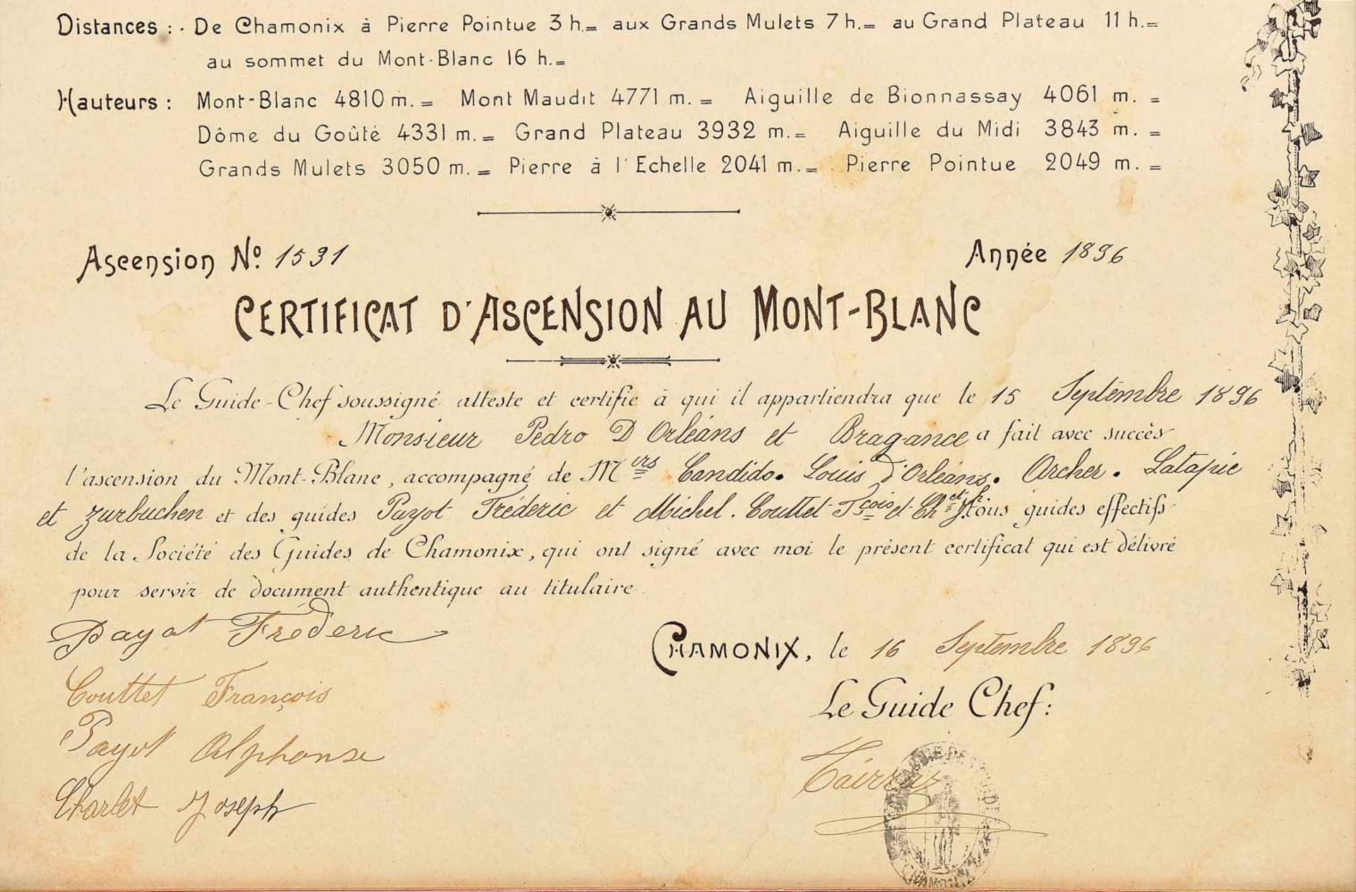 Certificate of the climb of Mont Blanc in the Alps by Prince D. Pedro de Alcantara Orléans and - Bild 2 aus 2