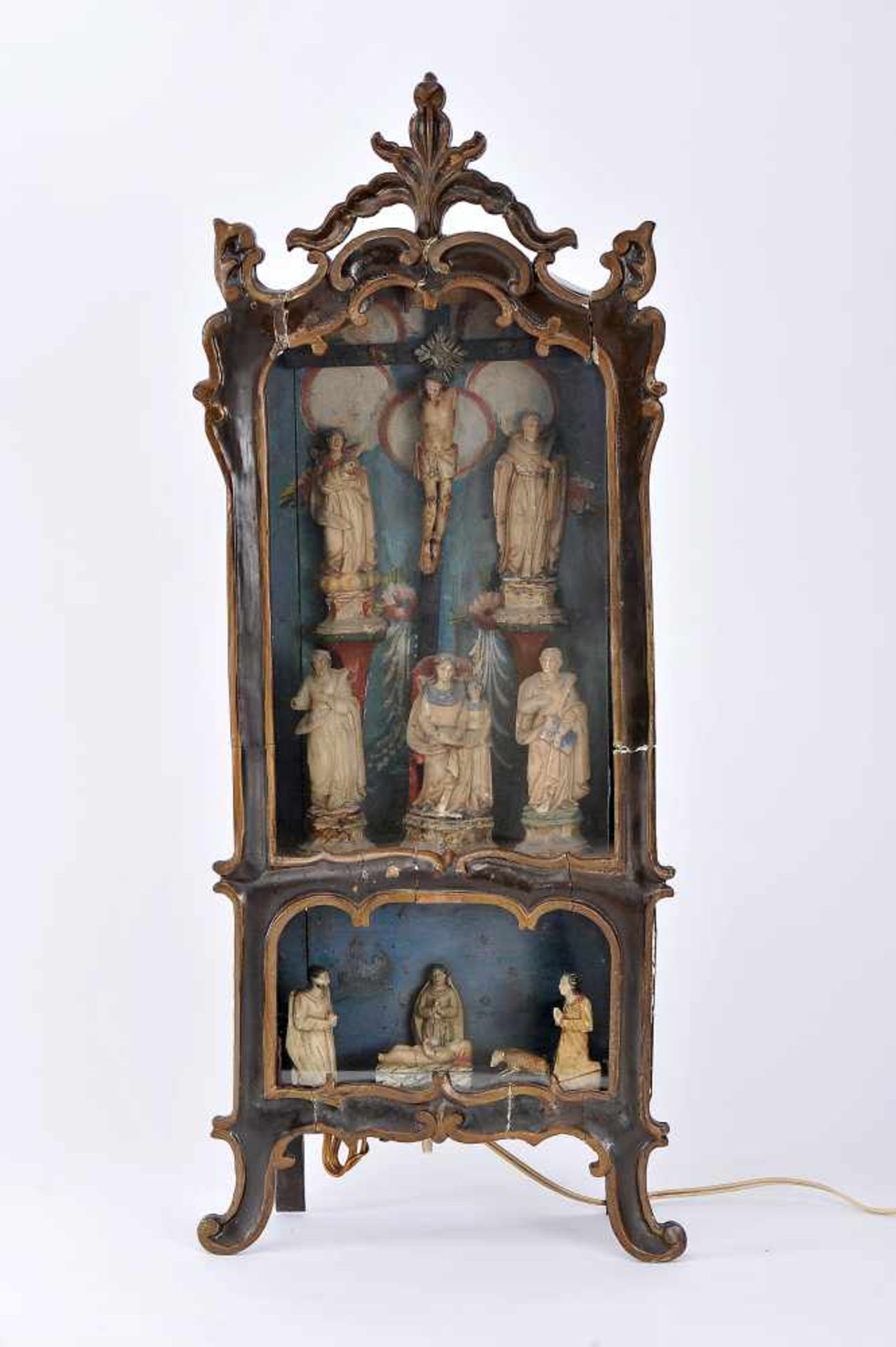 A "Lapinha" Oratory with eleven figures, rococo, carved, marbled, painted and gilt wood display