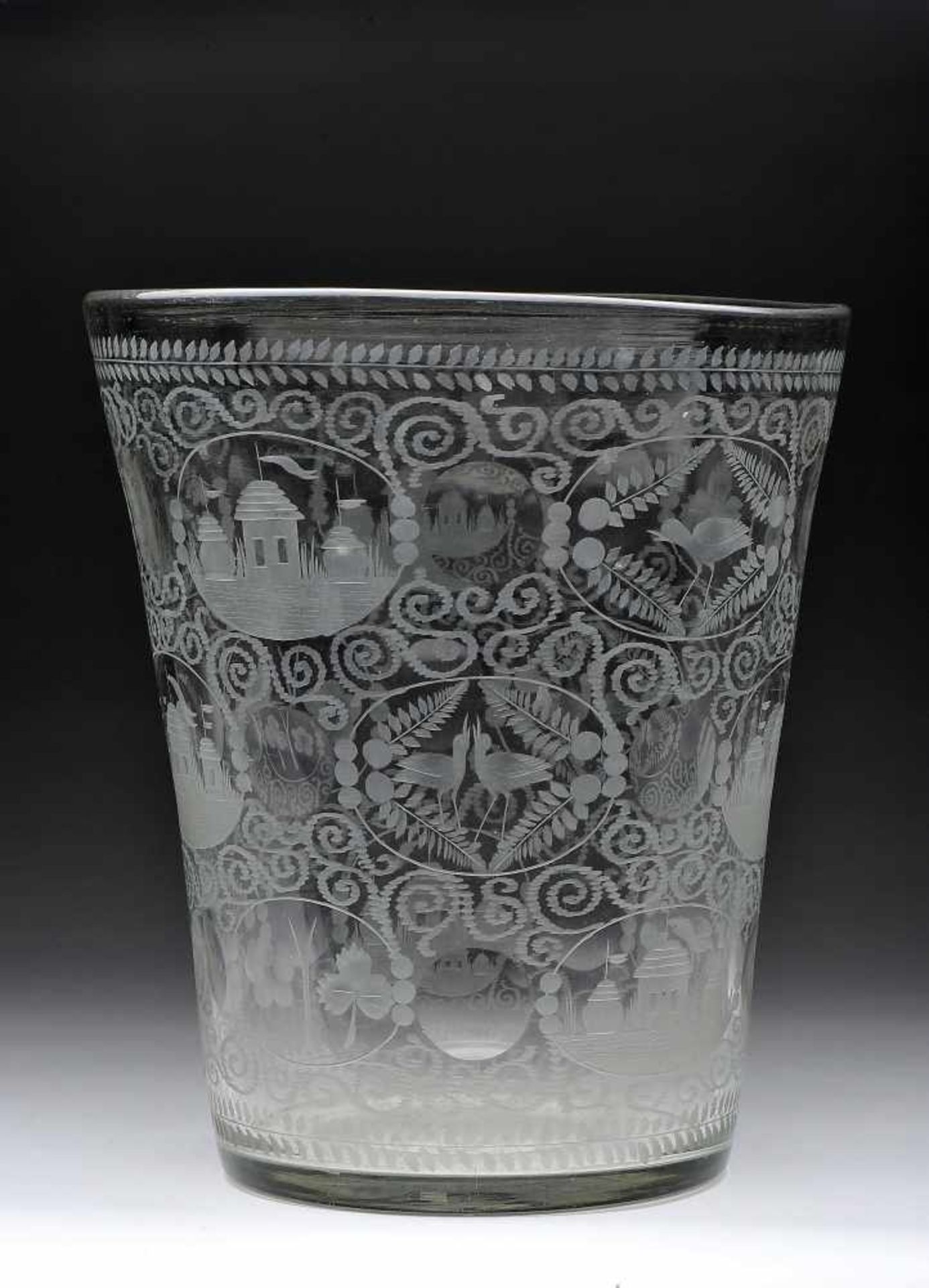 A Large Glass, glass, engraved decoration "Flowers", oval reserves "Buildings, birds and flowers", - Bild 2 aus 2