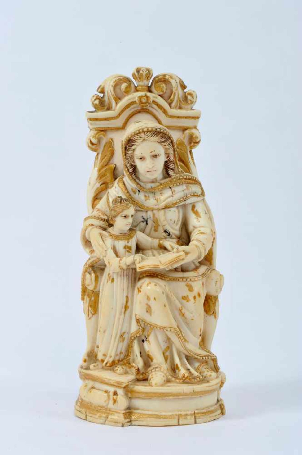 Saint Anne in Majesty teaching Our Lady to read, partly gilt ivory sculpture, Indo-Portuguese,