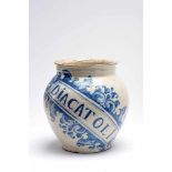 A Pharmacy Pot, faience, blue «Baroque Cartouche» decoration with DIACATOLI inscription, Portuguese,