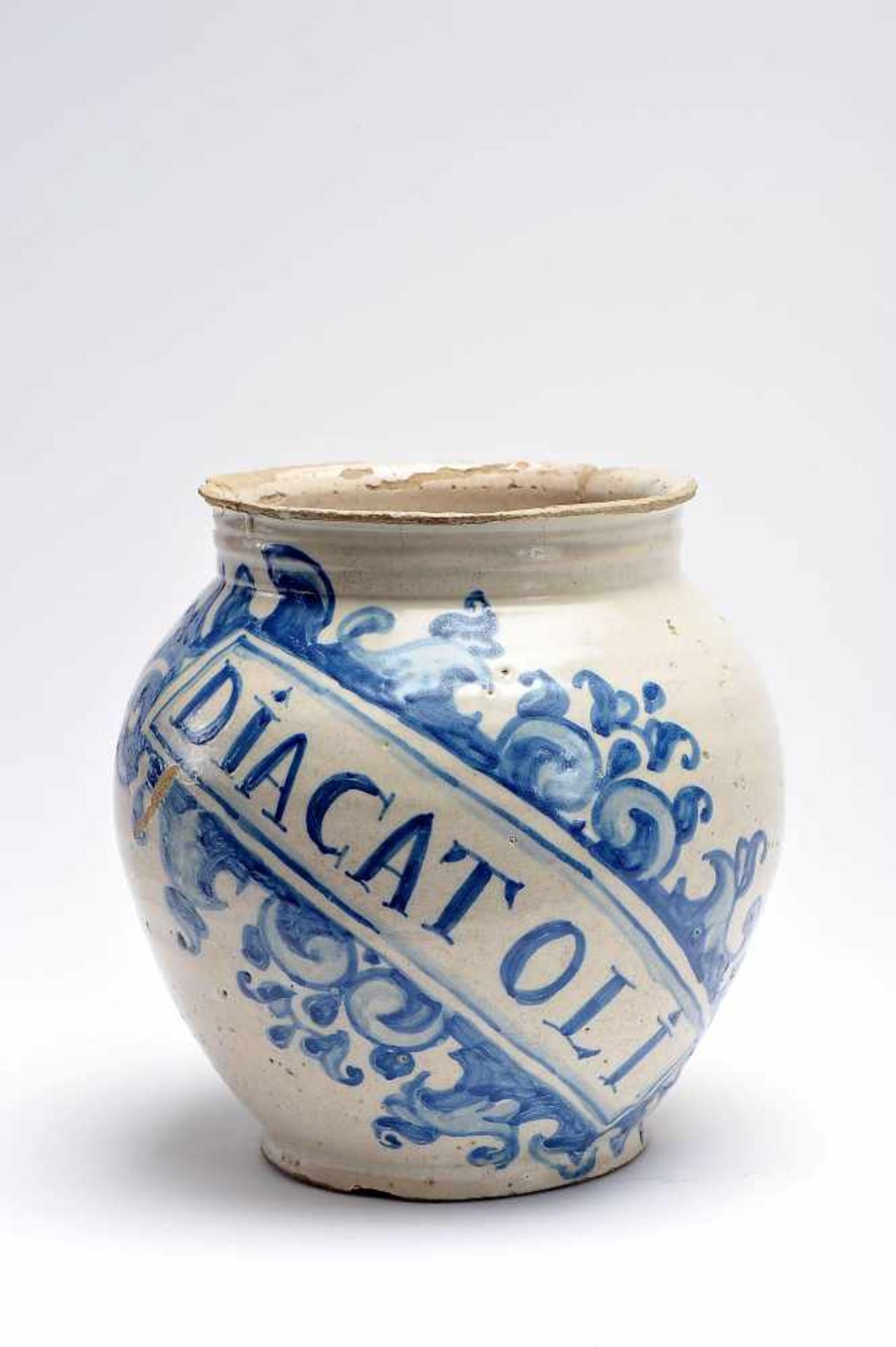 A Pharmacy Pot, faience, blue «Baroque Cartouche» decoration with DIACATOLI inscription, Portuguese,
