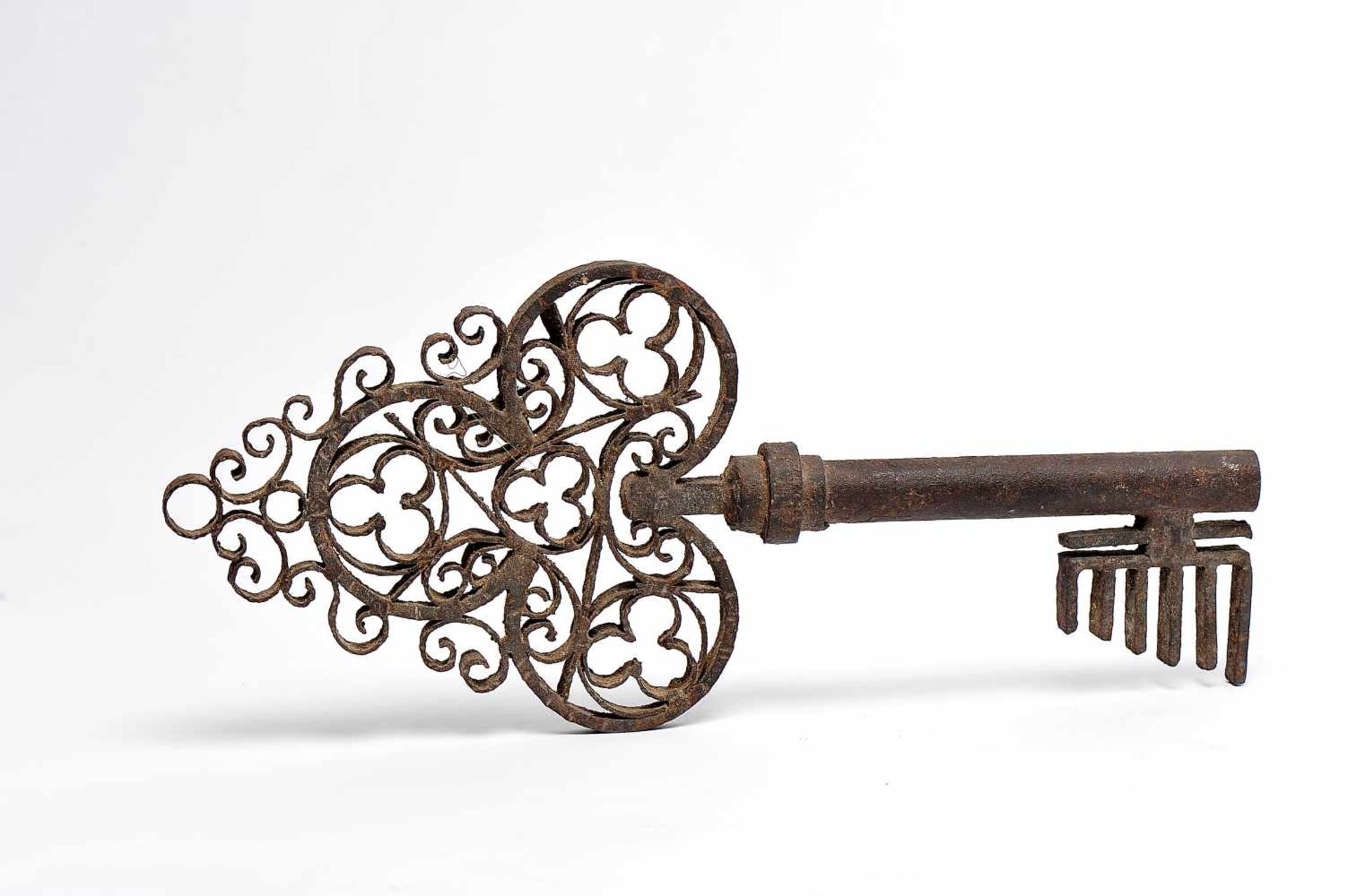 A Big Key, wrought iron, European, 17th C., wear on the iron, Dim. - 44 cm