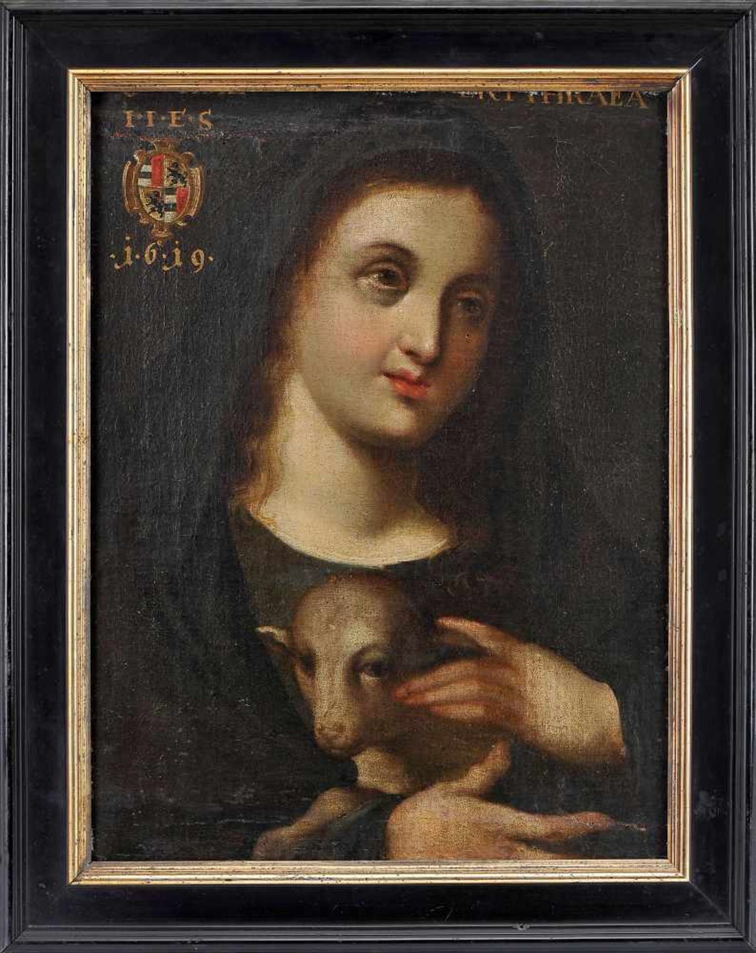 Saint Agnes, oil on canvas pasted on wood, Flemish school, 17th C., cut canvas, support with