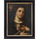 Saint Agnes, oil on canvas pasted on wood, Flemish school, 17th C., cut canvas, support with