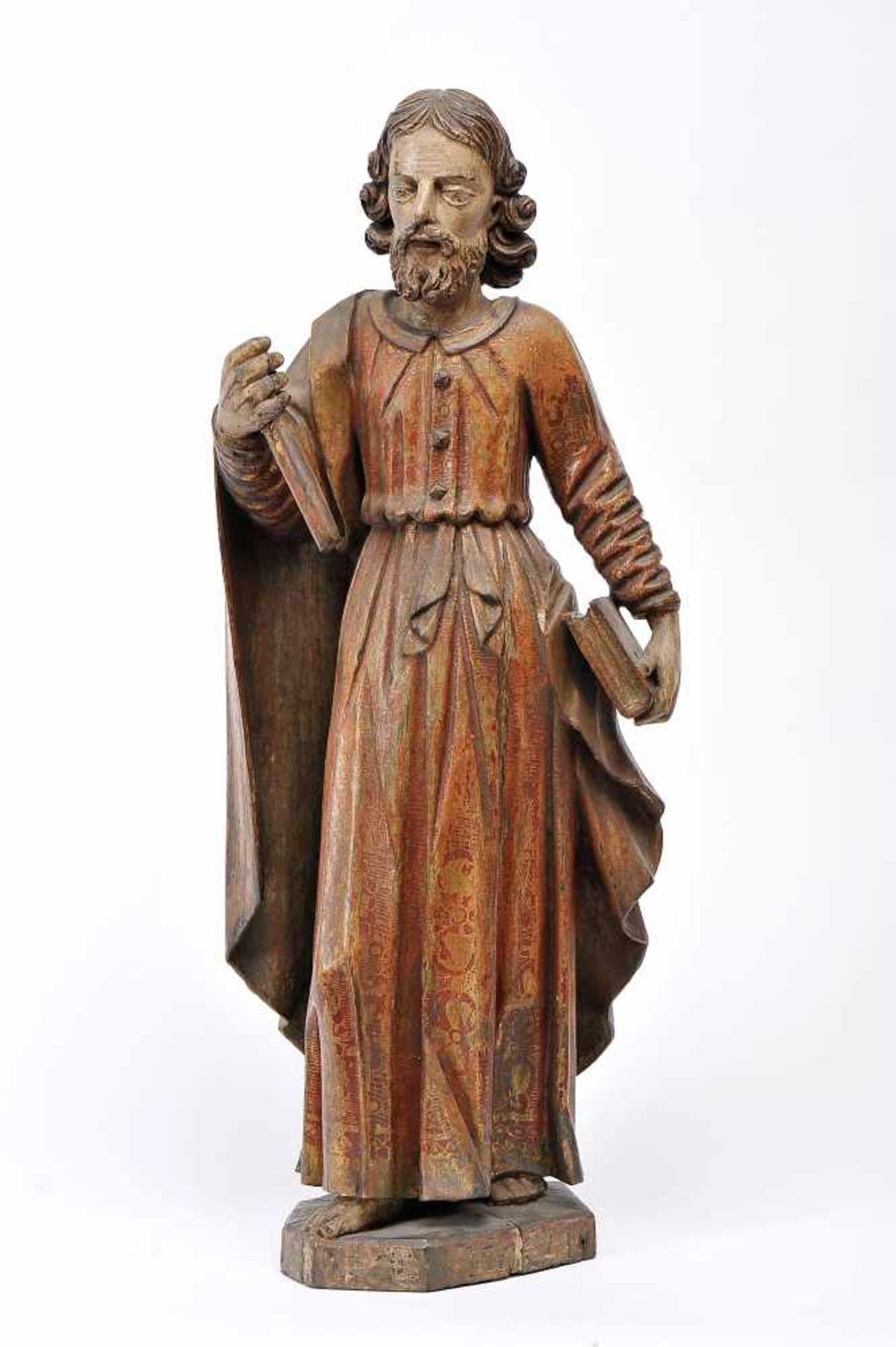 Saint Jude Thaddeus, gilt and polychrome wood carving, base with inscription, Portuguese, 17th C.,