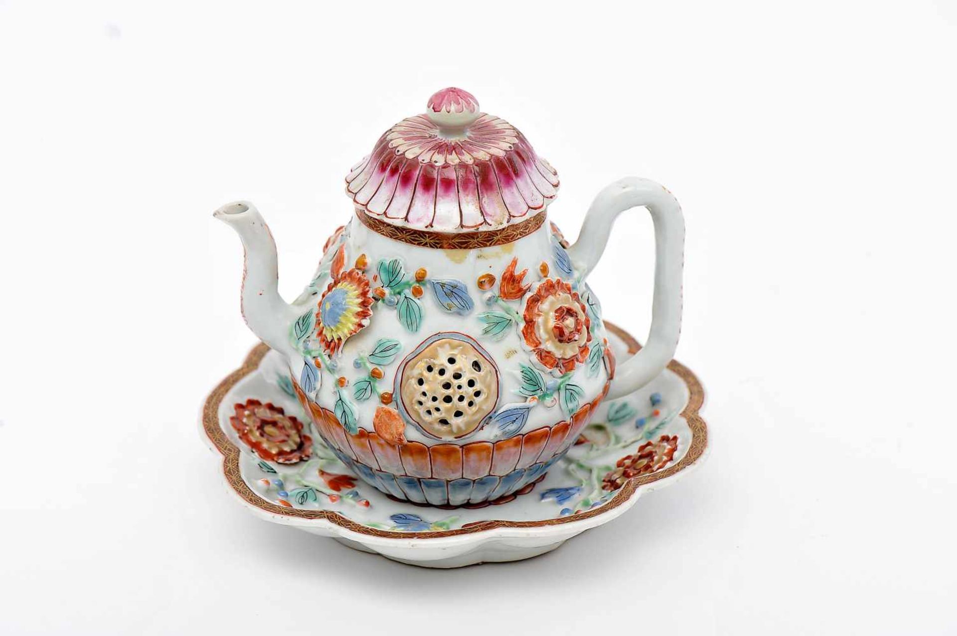 A Teapot with Polylobate Stand, Chinese export porcelain, polychrome and gilt "soft paste"