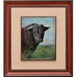 SIMÃO DA VEIGA - 1879-1963, A Bull, oil on wood, signed, Dim. - 24 x 18 cm