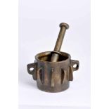 A Mortar with Pestle, gothic, bronze, ribbed decoration en relief, two spikes with holes for