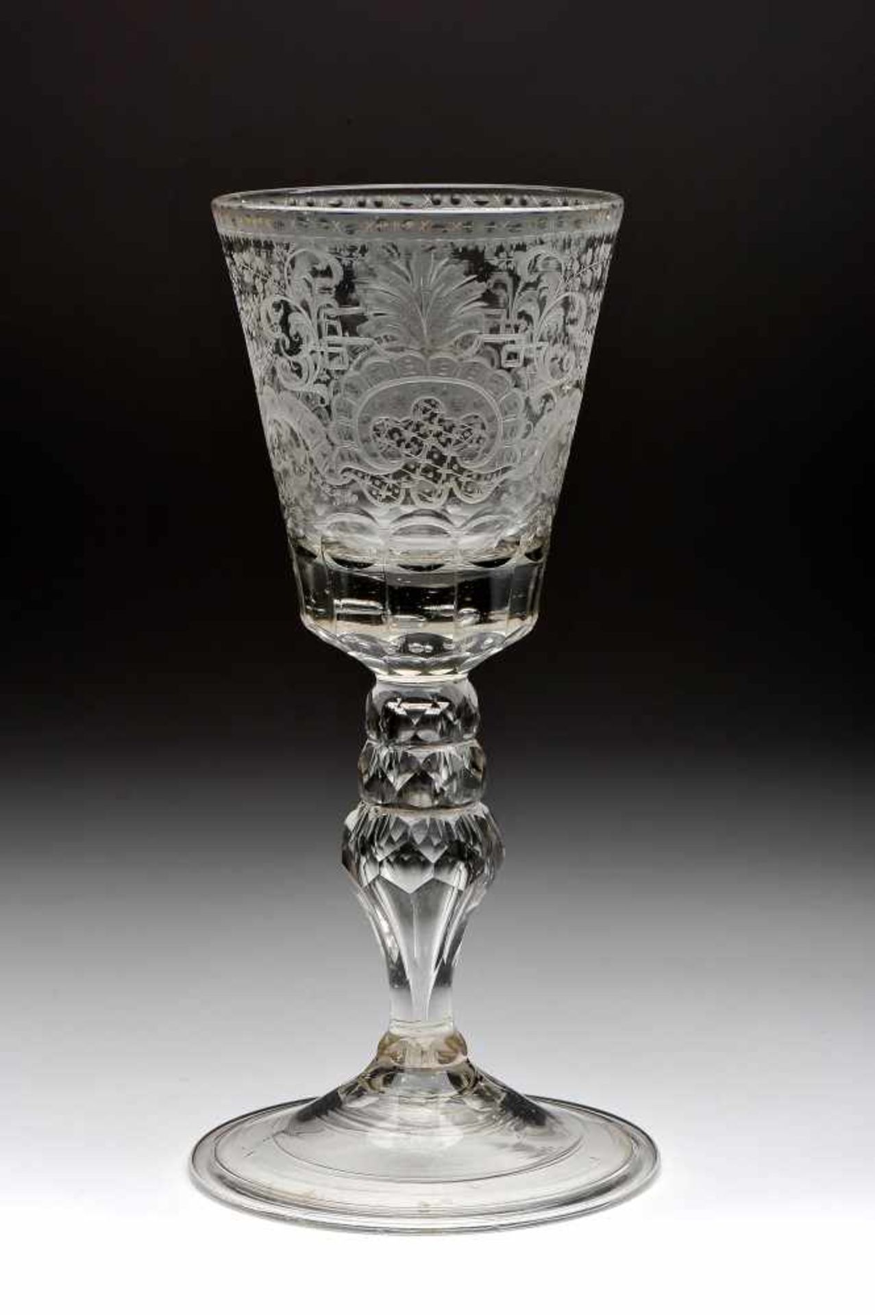 A Large Goblet, glass, acid engraved decoration "Baskets with fruit", Central Europe, 18th C.,