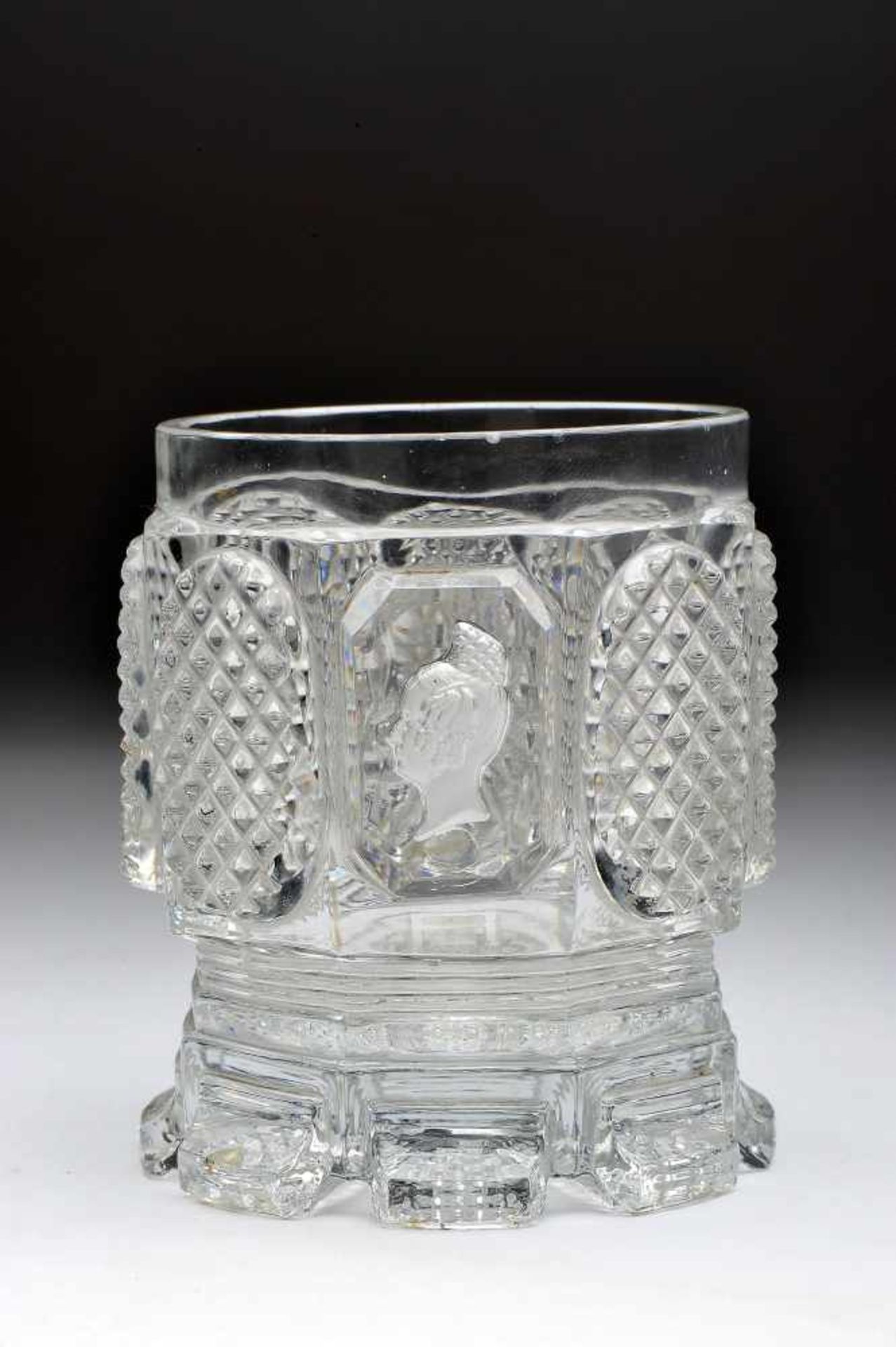 A Glass, moulded crystal by Vista Alegre Manufactory, cut decoration "Diamond tip" with cameo "