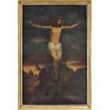 Christ Crucified, oil on canvas, Spanish School, 17th C., relined, restored, moisture stains, Dim. -