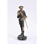 D. Quixote de la Mancha, antimony sculpture, partly painted naturalist decoration, book with