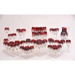 Glassware for 12 people, cut crystal, 'ruby' decoration, composed of water jug, water glasses, red