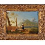 Shepherdess and cattle, oil on wood, European school, 19th C., restorations, Dim. - 34 x 46 cm- - -