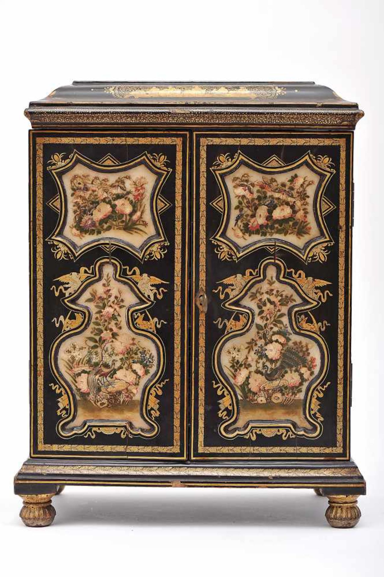 A Cabinet, black lacquered wood, doors with application of carved alabaster plaques "Flowers",
