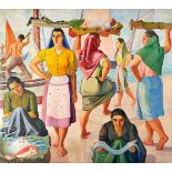 GUILHERME FILIPE - 1899-1971, Wharf with Fisherwomen and Fishermen, oil on canvas, faults on the