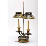 A Two-light Table Lamp, Empire style, green-painted metal and tinplate, gilt decoration "