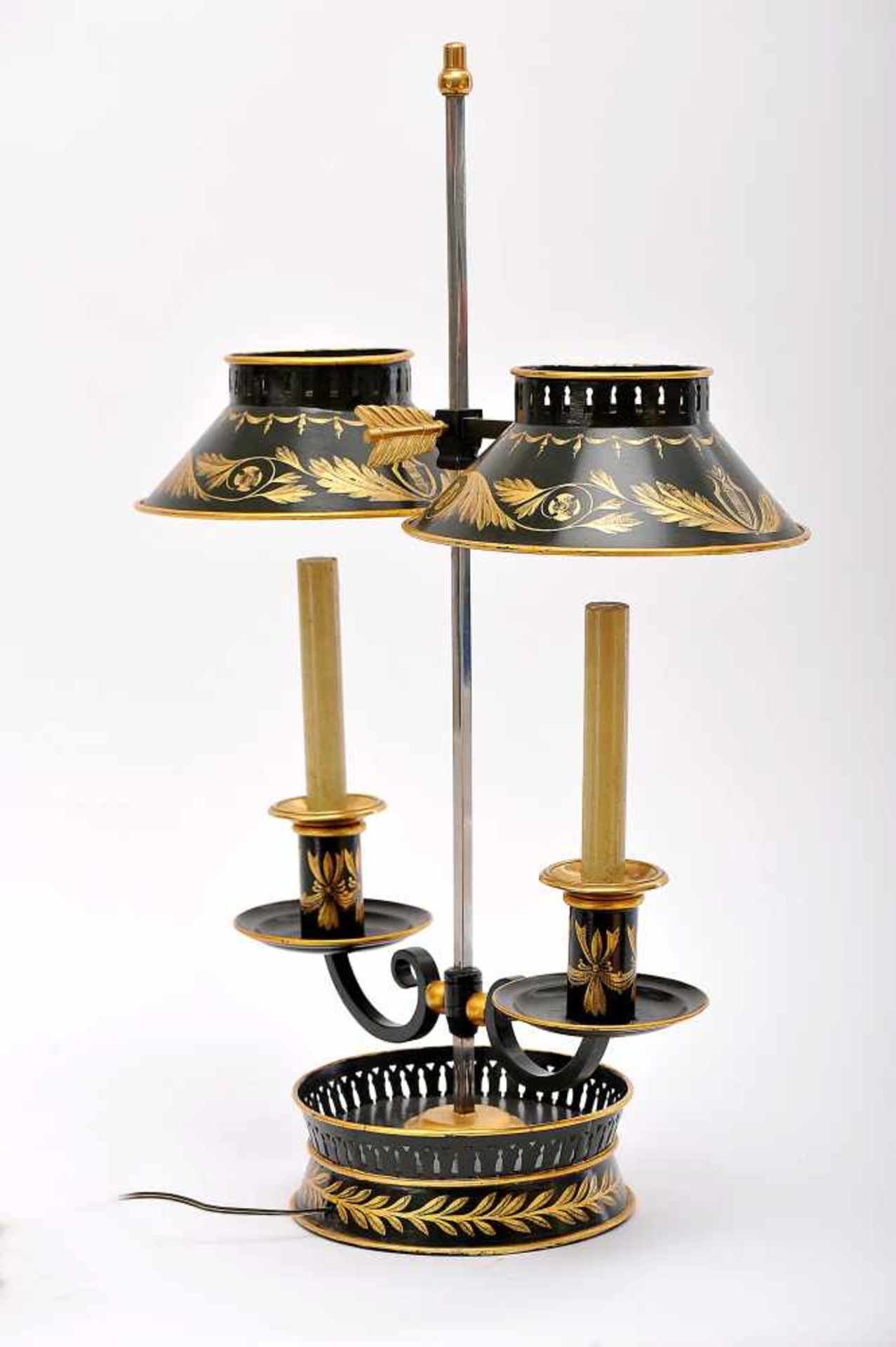 A Two-light Table Lamp, Empire style, green-painted metal and tinplate, gilt decoration "