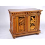 A Low Cabinet, Renaissance style, carved wood, doors with various woods 'trompe-l'oeil' inlays "