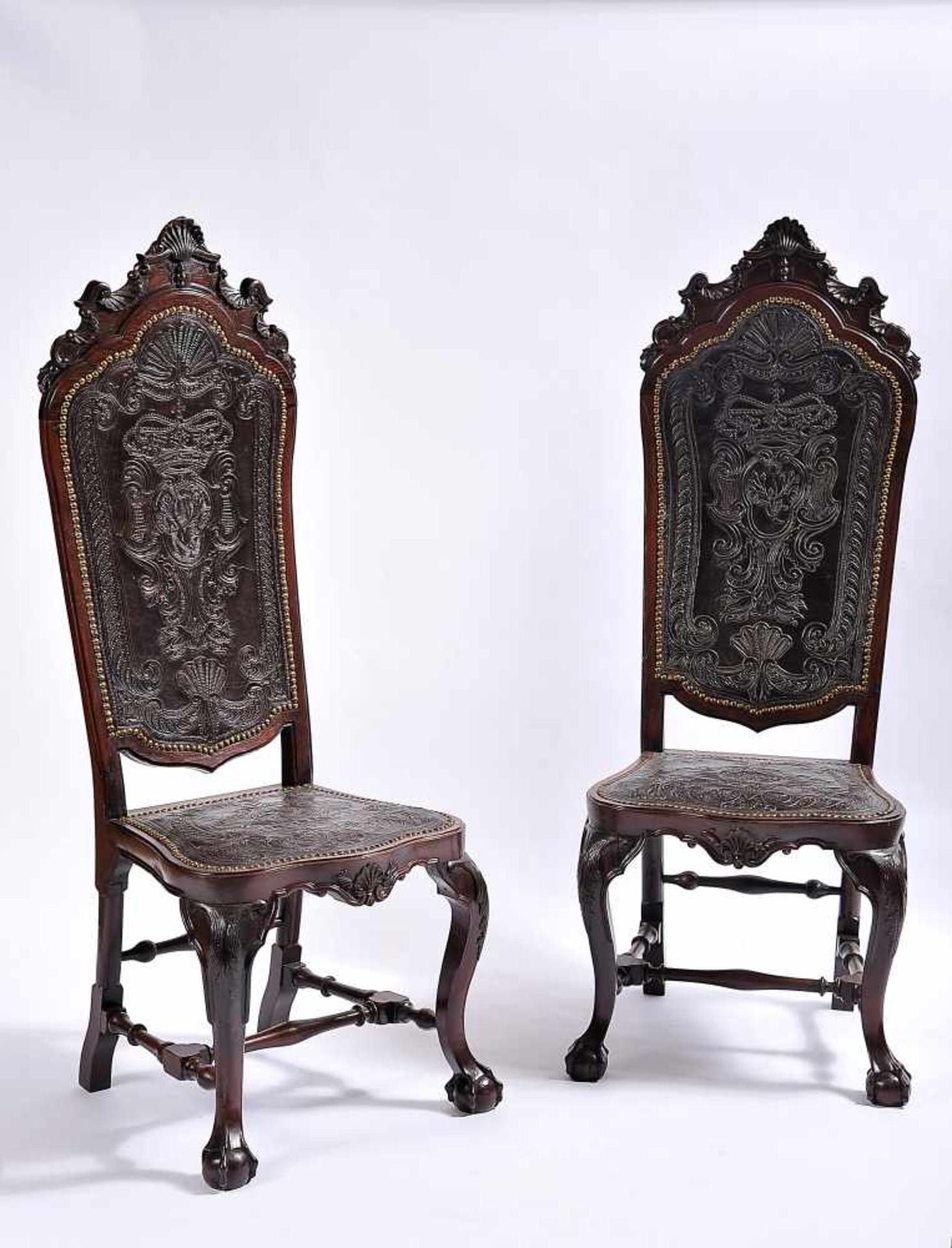 A Pair of High Back Chairs, D. João V (King of Portugal) style, carved Brazilian rosewood, 'claw-