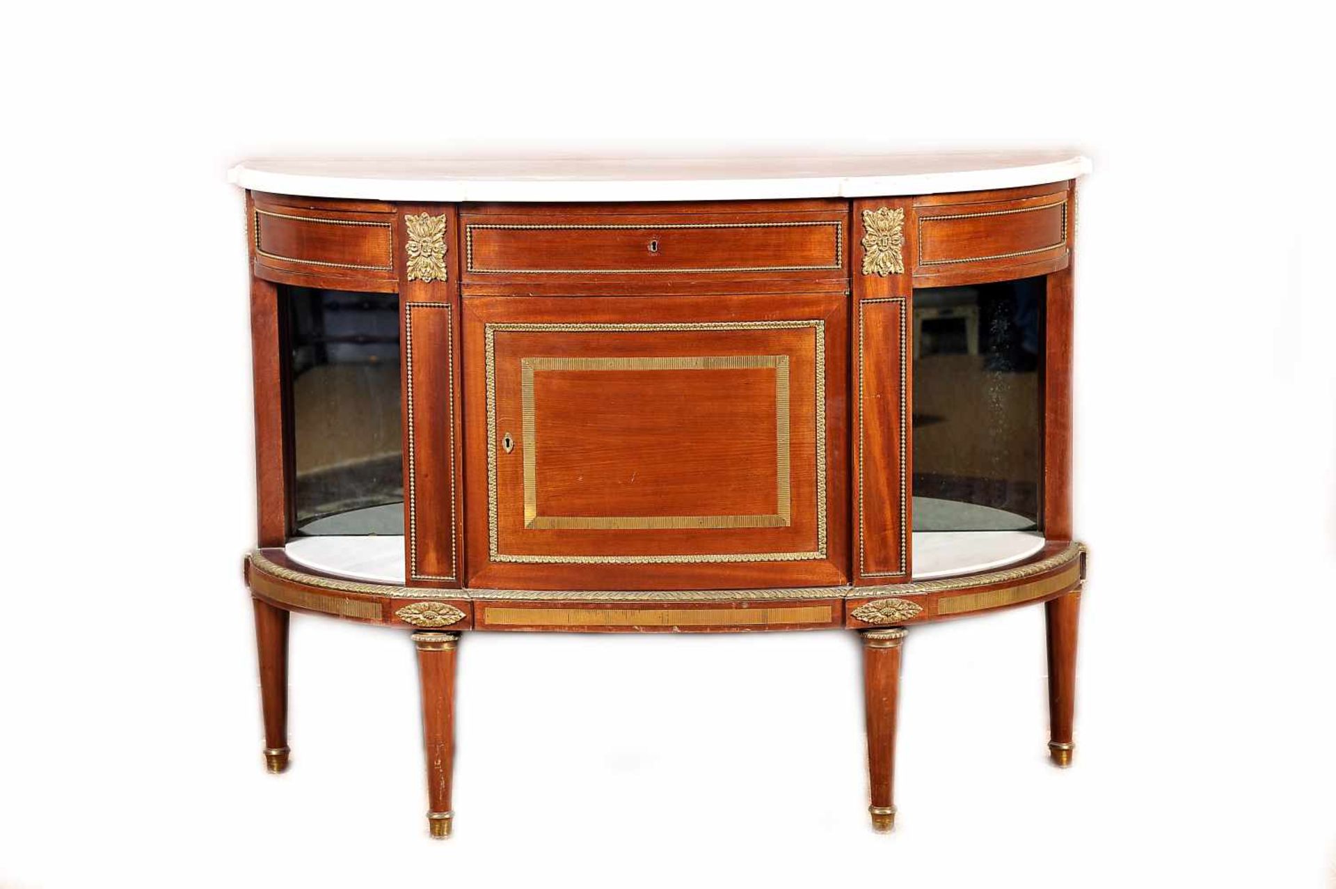 A Side Board, Louis XVI style, mahogany, gilt bronze mounts and applications, mirrored