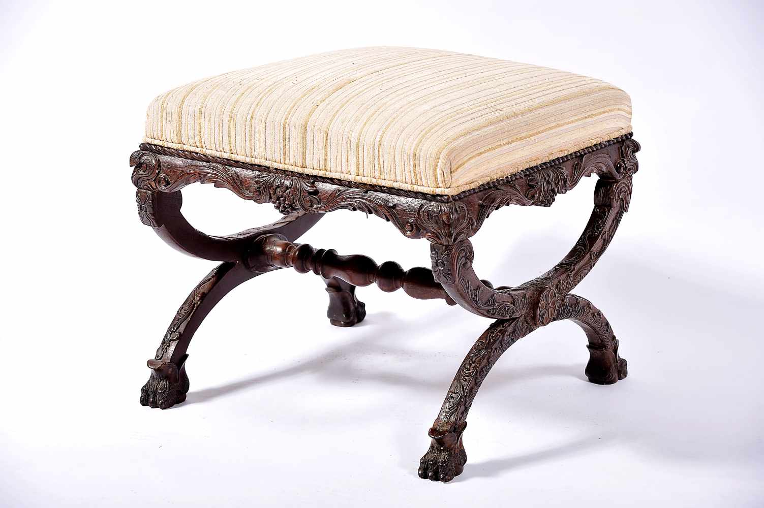 A Bench, carved walnut, upholstered seat, French, 19th C., small restoration, faults and defects,