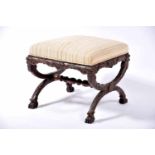 A Bench, carved walnut, upholstered seat, French, 19th C., small restoration, faults and defects,