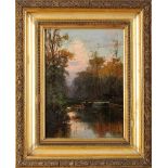 ALFREDO KEIL - 1850-1907, Landscape with boats on a brook, oil on cardboard, signed, handwritten