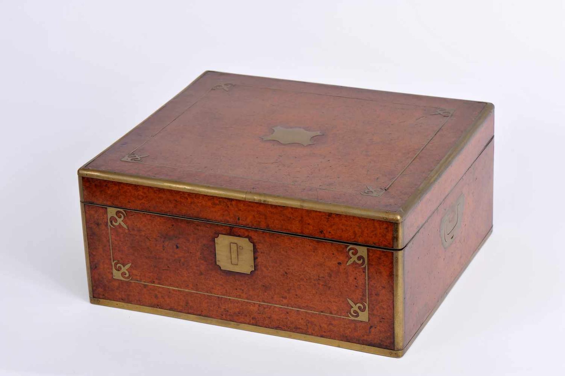 A Working Box, Victorian, fully burr-walnut lined wood "Partridge eye", gilt metal applications,