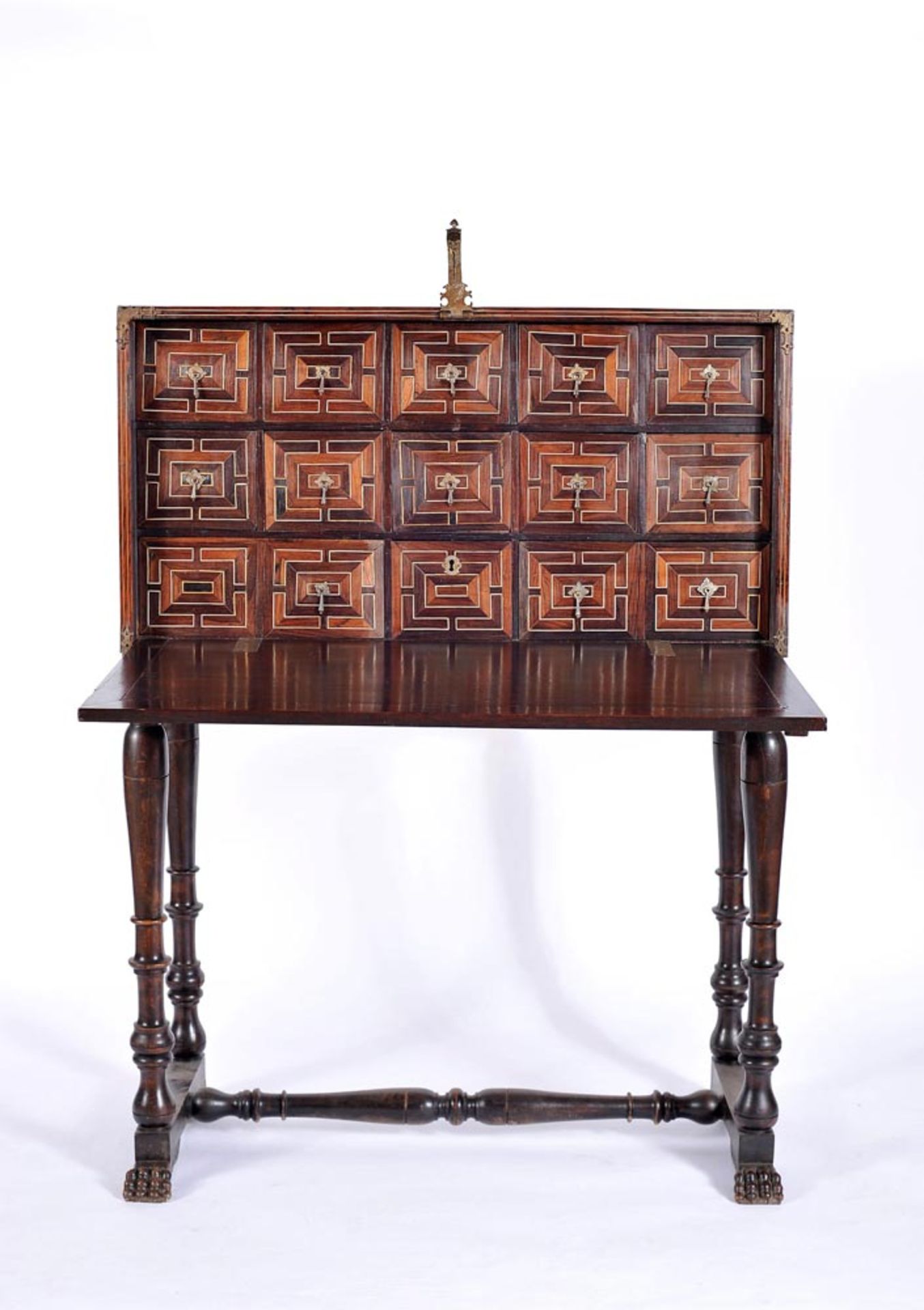 A Cabinet, mannerist, Brazilian mahogany, Brazilian rosewood drawers front with ivory fillets,